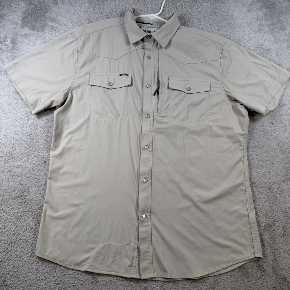 Poncho Shirt Mens Medium Beige Slim Fit Pearl Snap Vented Fishing Outdoors